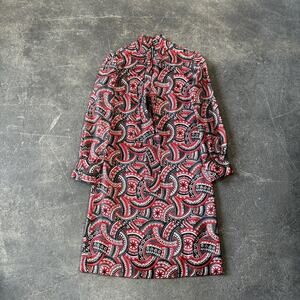 Vintage 70s Plains Dress Womens 10 Red Black Bandana Long Sleeve Mod Geometric